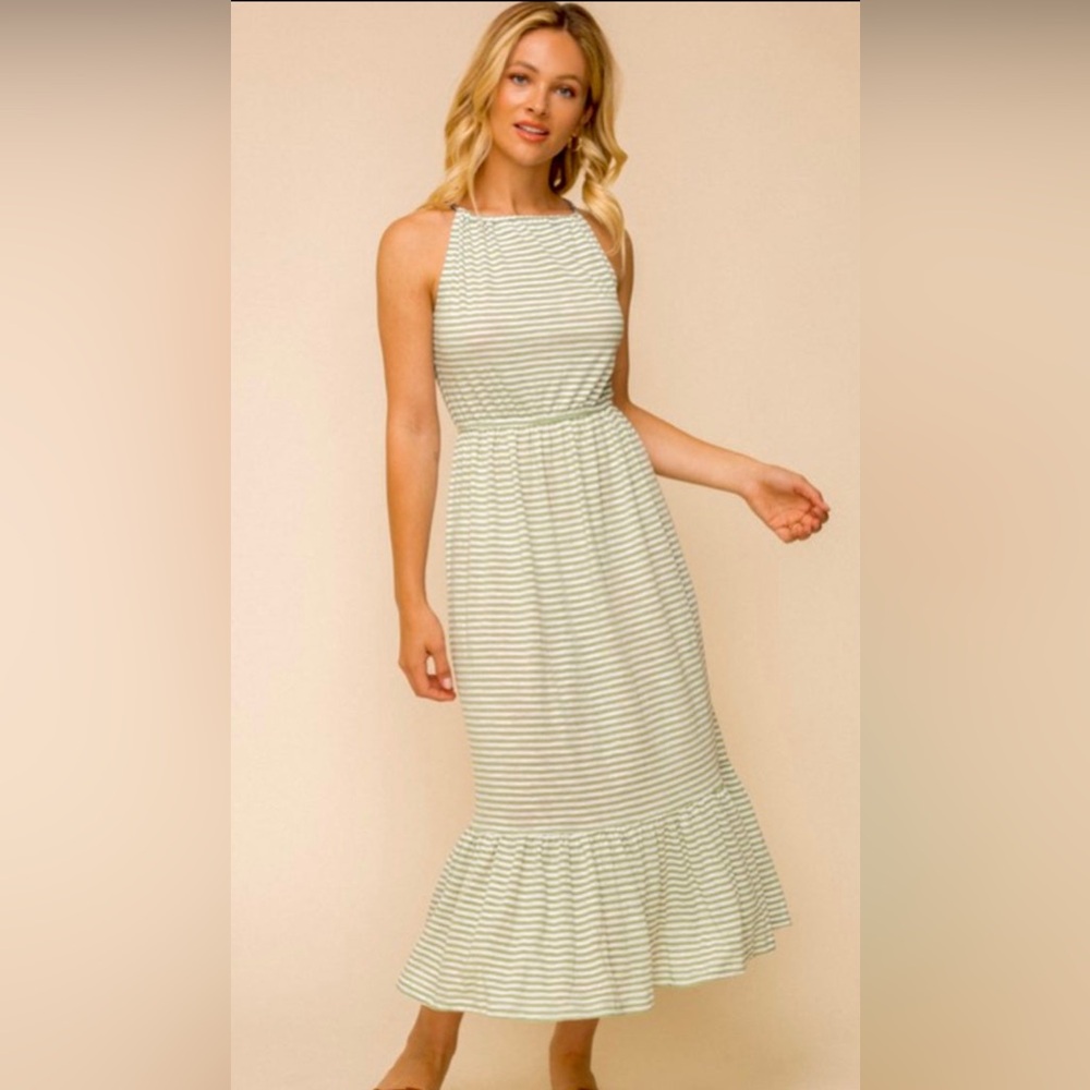 Amie Green Ditzy Print Contrast Stripe Jersey Midi Dress